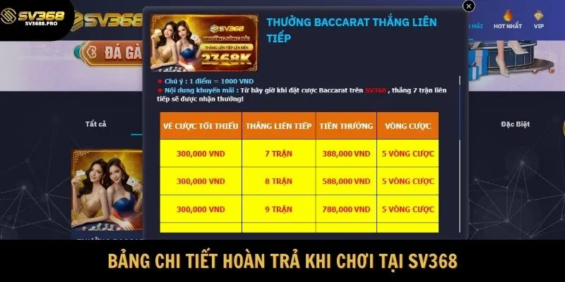 Bảng chi tiết hoàn trả khi chơi tại SV368